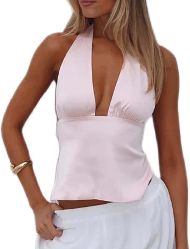 Women Satin Halter Crop Top Deep V Neck Backless Tank Tops Sexy Open Back Camisole Summer Going Out Tops