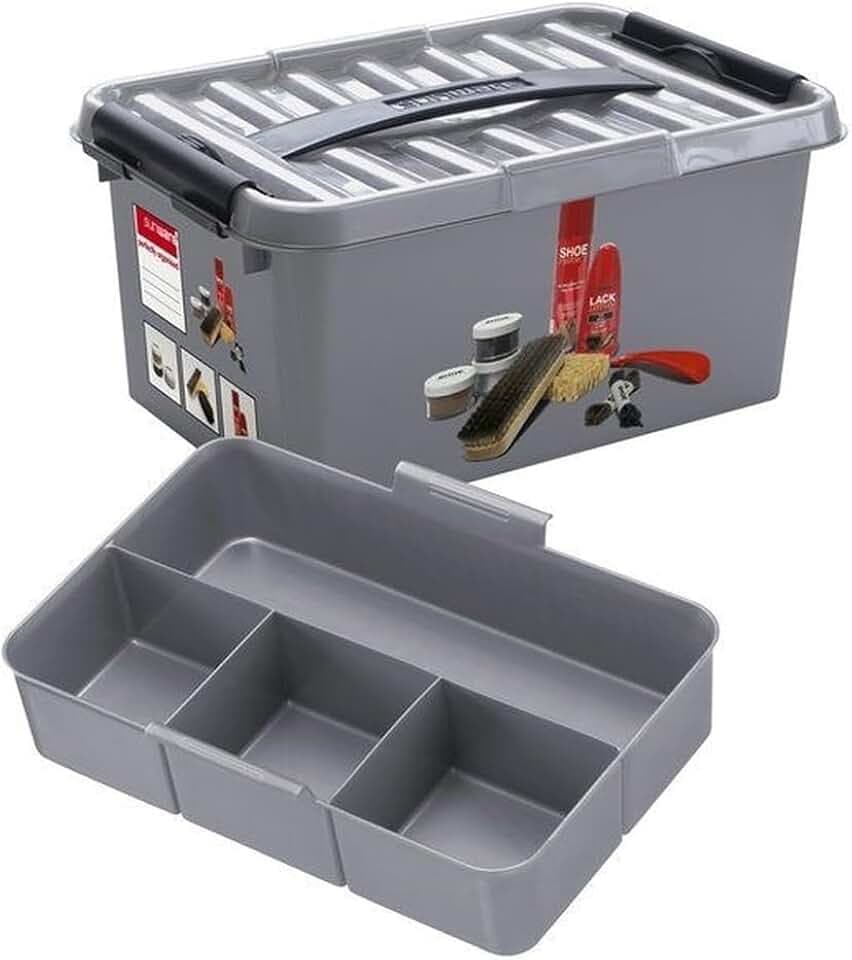 Sunware Q-line Aufbewahrungsbox für Schuhpflege mit Einsatz 6L - 30x20x14,5cm - Kunststoff Aufbewahrungsbox Metall Schwarz - Storage Boxes with lids
