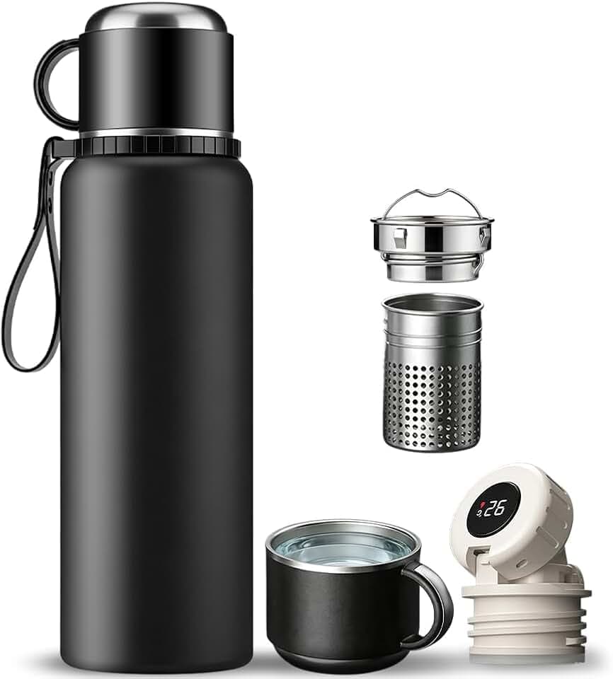 Thermosflasche 1L Isolierkanne mit LED-Temperaturanzeige, Vakuum Isolierbecher Trinkflasche aus 316 Edelstahl Große Thermosflaschen mit Teesieb & Tasse Auslaufsicher, BPA-Frei für Home Büro Reise