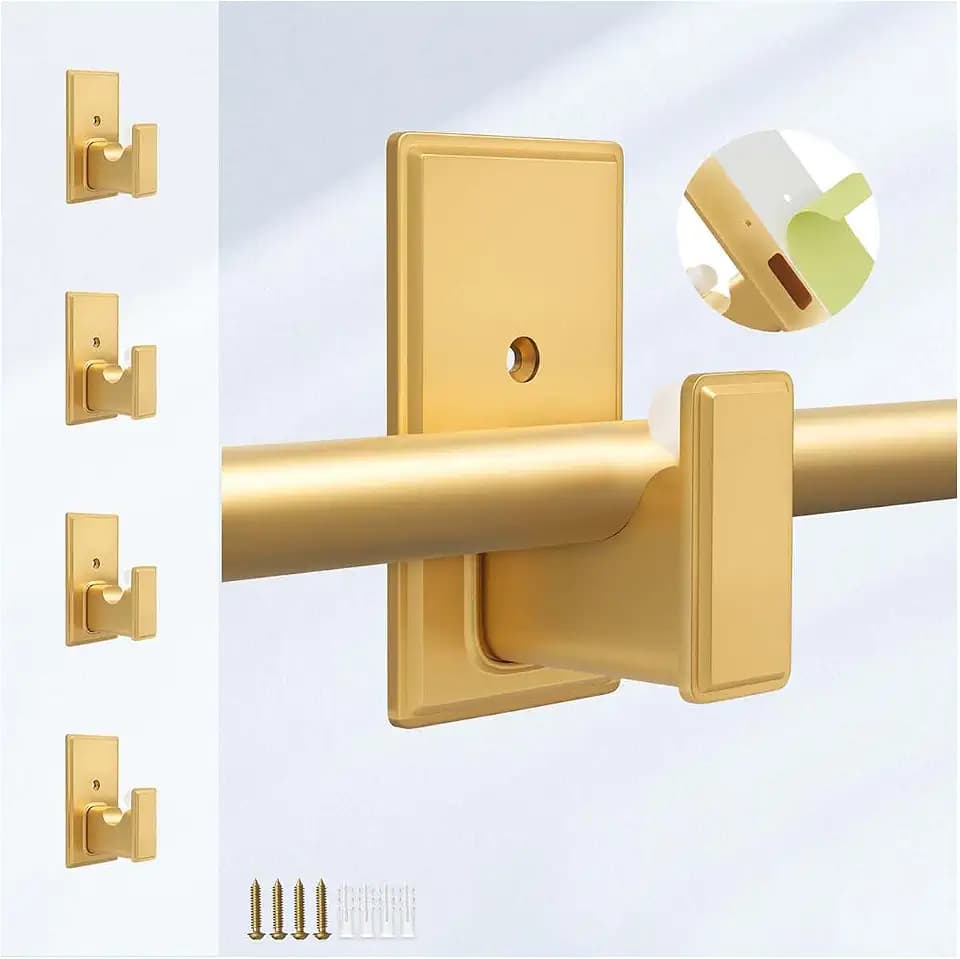 TKZTKZ No Drilling Curtain Rod Brackets:Self Adhesive Curtain Rod Holders for Rod 5/8" No Nail,Easy Peel and Stick Curtain Rod Hooks No Drill for Bathroom, Livingroom, Kitchen,Dorm,Door(Gold,4PCS)