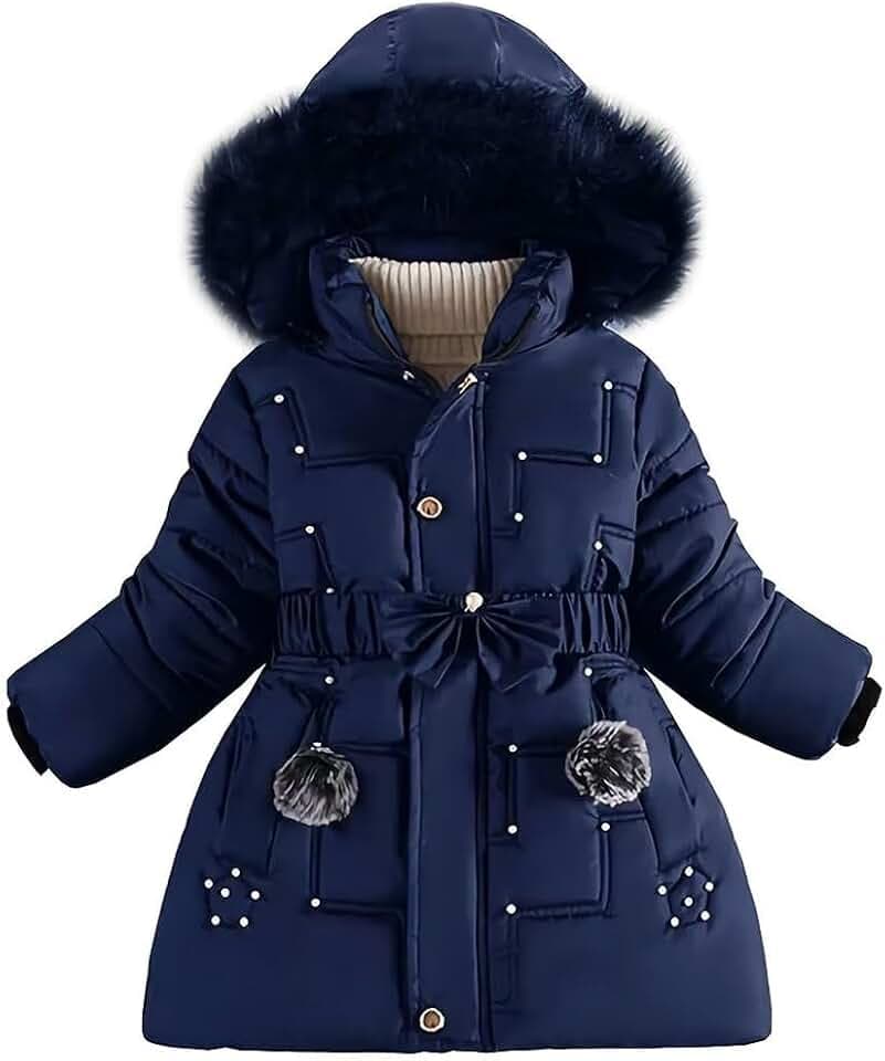 linboo Wintermantel Mädchen Winterjacke Kinder Warm Fleece Mäntel Verdickte Baumwolle Gefütterte Jacke Klassische Parka mit Nieten, Gürtel, Bögen