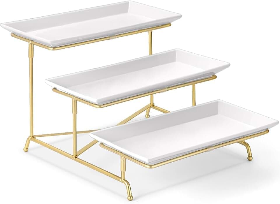 3 Tier Serving Tray Set Porcelain Tiered Serving Platters, Collapsible Sturdier Stand with Stable Cross Bars, 12 Inch Three Layer Serving for Party Entertaining Food Display Fruit Dessert