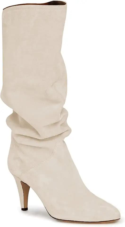 Coutgo Womens Slouchy Knee High Boots Wide Calf Kitten Heel Pointed Toe Pull On Long Boots Winter Shoes