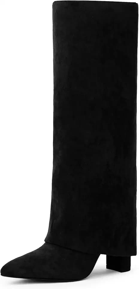 Knee High Boots Women Fold Over Boots Chunky Heel Pointed Toe Tall Boots
