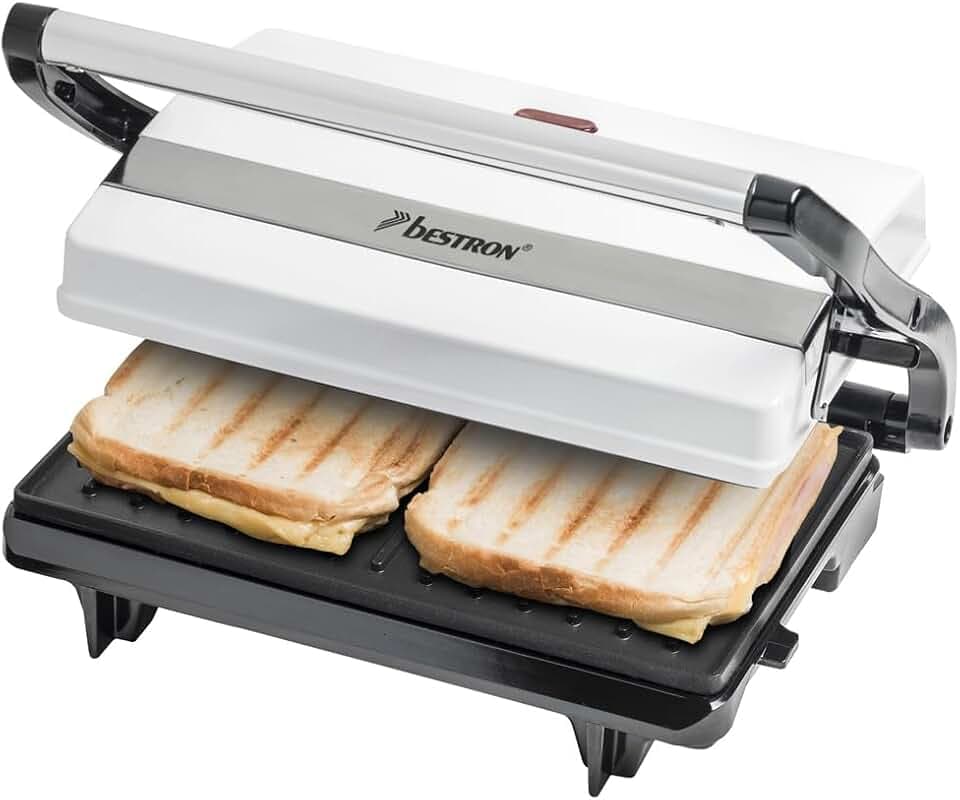 Bestron Kontaktgrill mit Auffangschale, Sandwichmaker mit Cool-Touch-Handgriff, Paninimaker mit Antihaftbeschichtung, 700 Watt, APM123W, Farbe: Weiß
