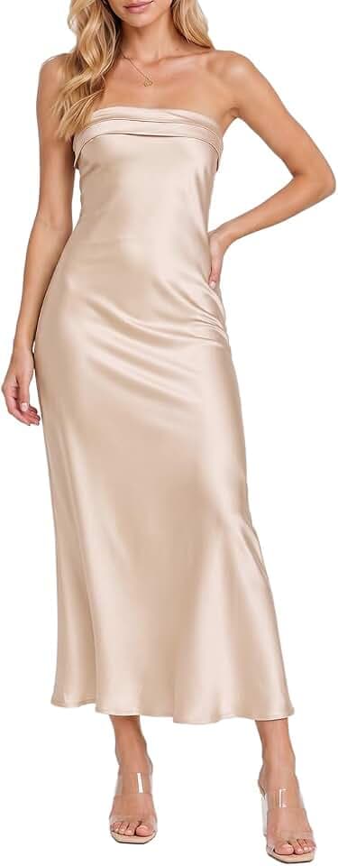 Realtix Summer Satin Strapless Backless Maxi Dress for Women Wedding Guest