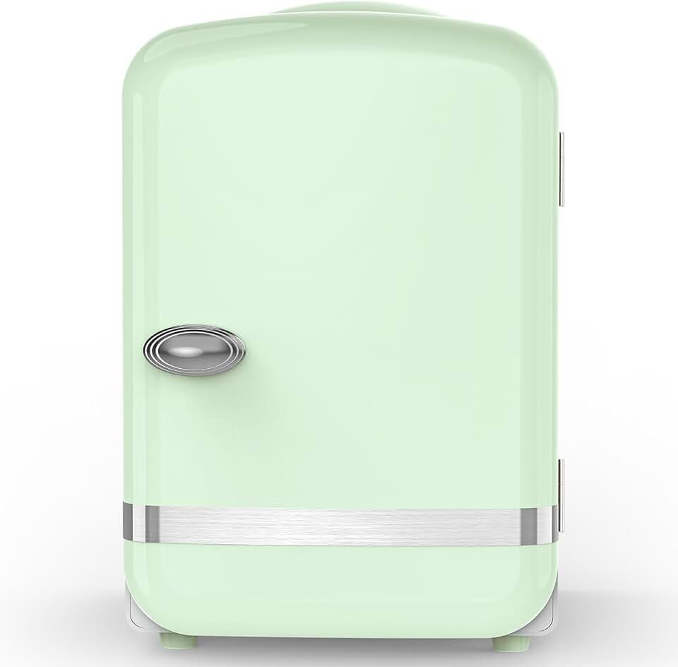 Electactic Mini Fridge for Skincare, 4L/6 Cans Portable Compact Cosmetic Fridge, Retro Desktop Fridge with AC/DC Adapters, Small Cooler and Warmer for Beverage, Makeup, Bedroom, Office, Kids, Green