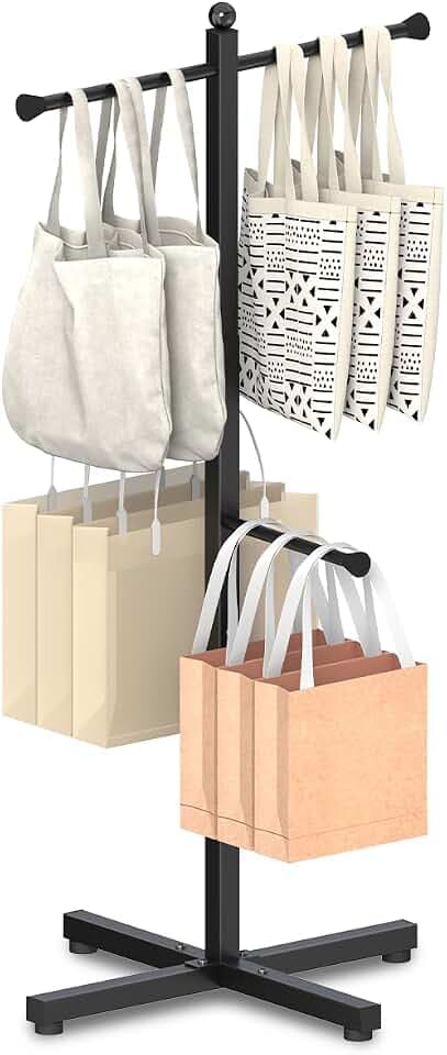 42-48 Inch Adjustable Height Shopping Bag Rack, Heavy Duty Metal T-shaped Grocery Bag Holder for Retail Stores, Large Bag Display Stand for Malls,Vendor,Boutique,Trade Show, 4 Arms,Black