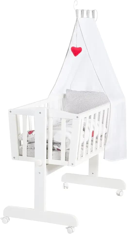roba Babywiege 40 x 90 cm Adam & Eule - Stubenwagen & Wiege mit Rollen - Bett Set komplett mit Feststellfunktion - Inkl. textiler Ausstattung - Holz weiß