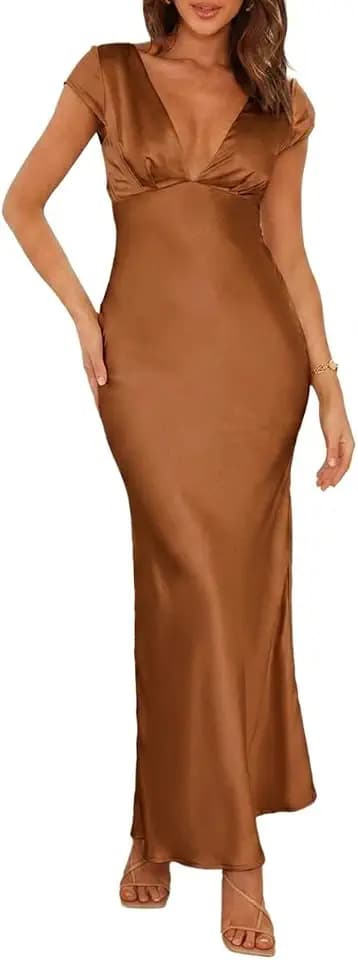 Halfisland Womens Summer Satin V Neck Cap Sleeve Midi Dress Wedding Guest