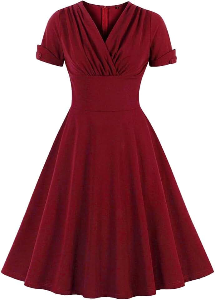 Wellwits Damen-Kleid, V-Ausschnitt, hohe Taille, einfarbig, Retro-Stil, 40er, 50er, 60er Jahre, Vintage-Kleid