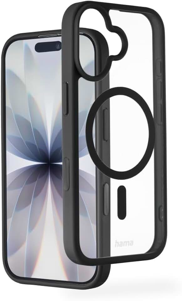 Hama Handyhülle für iPhone 17 und MagSafe (magnetisches Case für induktives Laden, Kantenschutz, Kameraschutz, Anti Rutsch Oberfläche, geschützte Seitentasten) durchsichtig/schwarz