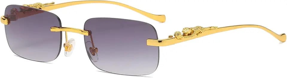 Vintage Small Rimless Rectangle Sunglasses Metal Gold Silver Leopard Eyewear for Women Men