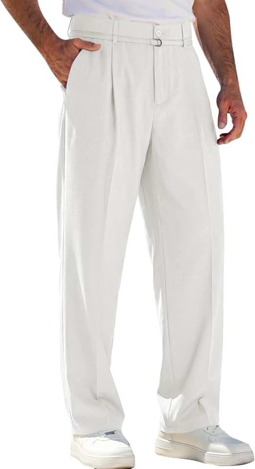 Runcati Mens Casual Dress Pants Elastic Waist Pleated Baggy Wide Leg Slacks