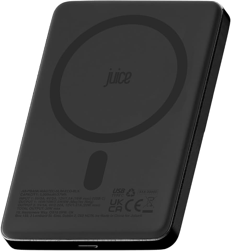 Juice Slim 5000mAh Magnetic Wireless Power Bank - 15W Wireless Charging, USB C Fast Charge, Portable Battery for iPhone & Qi Devices - Black