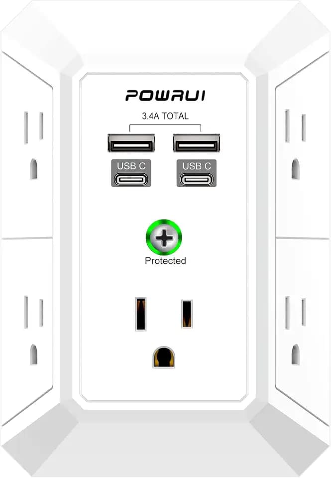 Outlet Extender Surge Protector - POWRUI 5 Outlet Splitter with 4 USB Charging Ports(2 USB C), 3-Sided 1680J Power Strip Multi Plug Wall Adapter for Home Travel Office, White