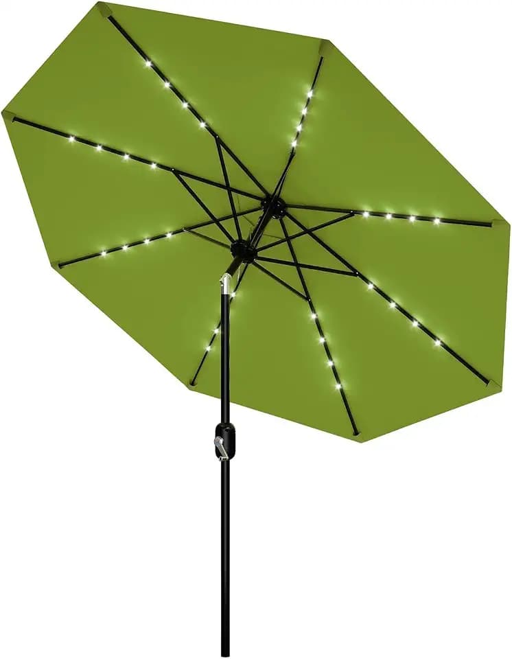 Garvee 10 FT Patio Umbrella with Solar Lights, Outdoor Table Umbrella with 8 Durable Ribs, Tilt & Crank Mechanism, Waterproof & UV Protection for Garden, Backyard, Poolside, Green