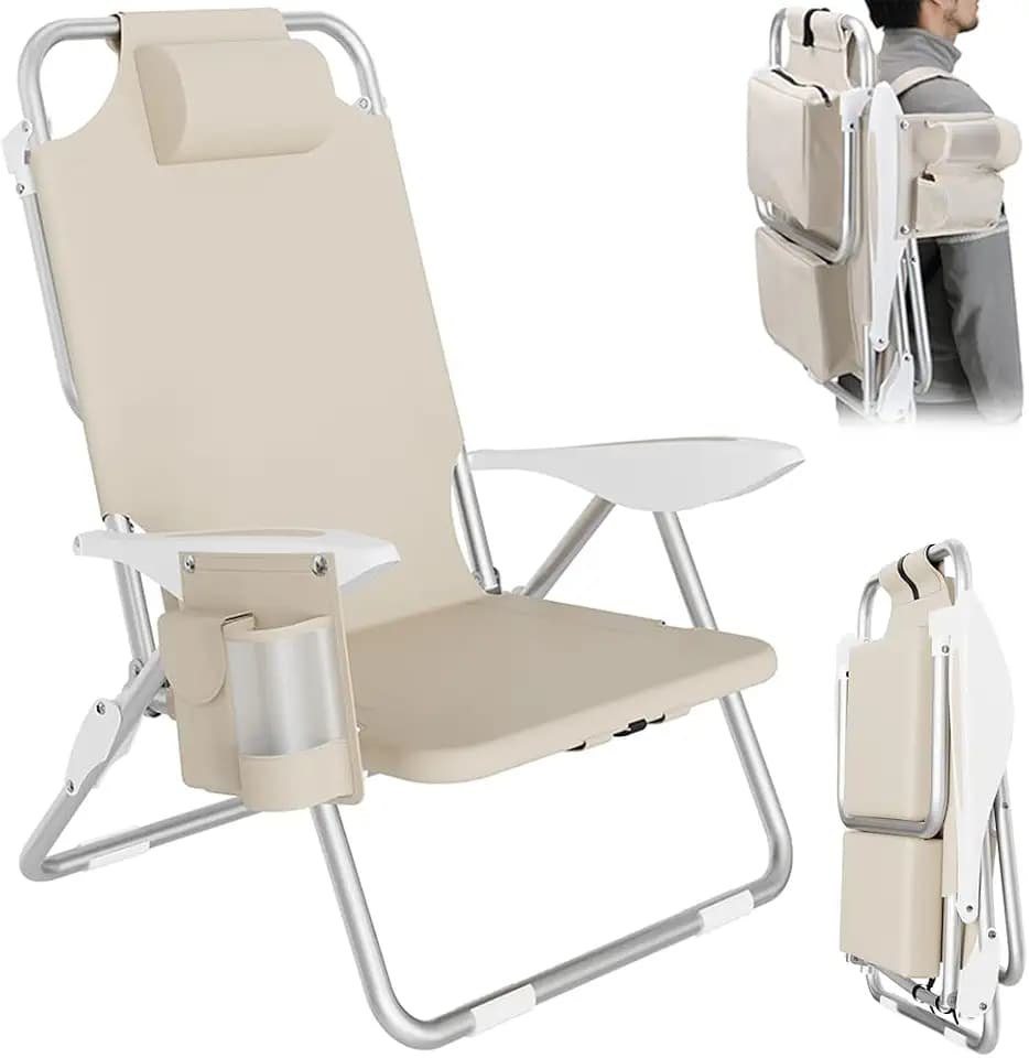 BAKAJI Tragbarer faltbarer Strandstuhl, zusammenklappbar, Gestell aus Aluminium, röhrenförmig, mit Aufbewahrungstasche, integrierter Kühltasche und Schulterriemen (Beige)