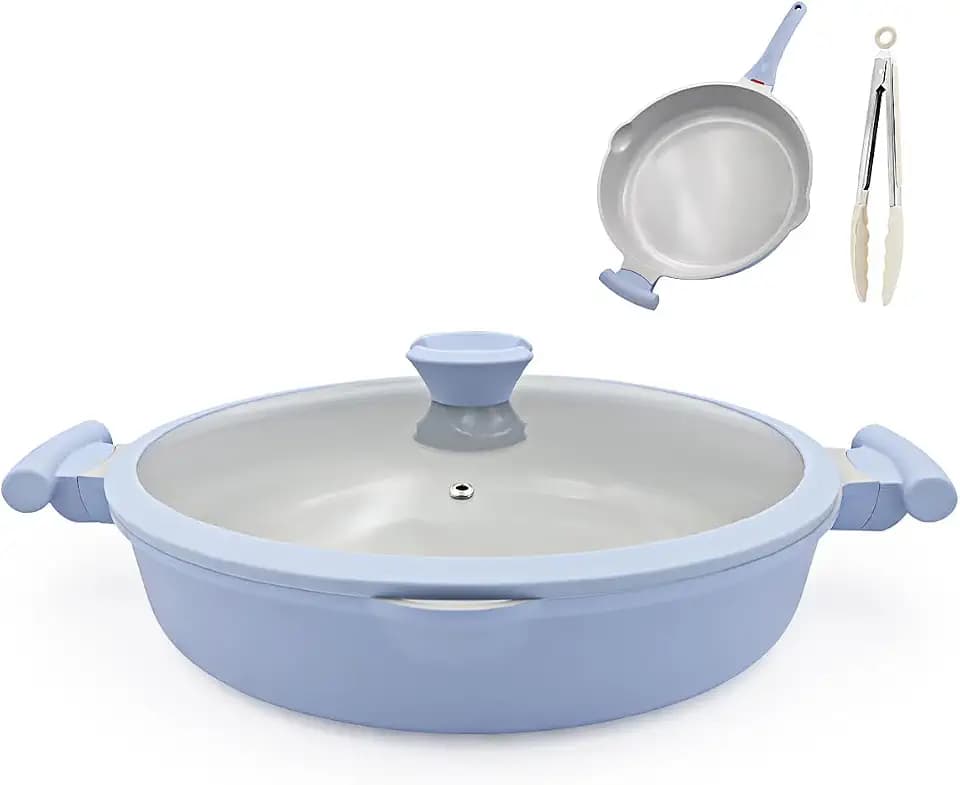 AIKENBBKK Keramik pfanne mit Deckel, 2-In-1 Bratpfanne 32 cm Antihaft- Blau