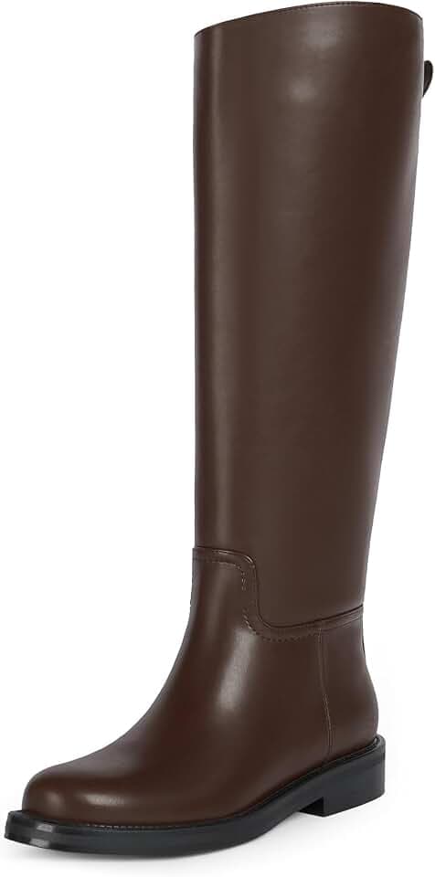 QIY Brown Tall Boots For Women Chunky Heels Womens Riding Boots Knee High Boot For Women Flat Long Chocolate Brown Faux Leather Boot No Heel Pull On Round Toe Shoes Size 9.5