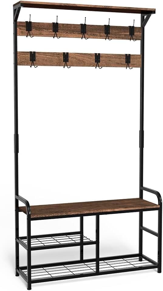 VOUNOT Garderobenständer, Kleiderständer mit Schuhregal u. Sitzfläche, Garderobe für Flur, 3 Ebenen mit 9 abnehmbaren Haken, Anti-Kipp-System 185x85x33 cm