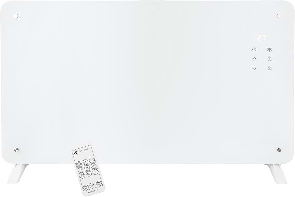 EMERIO Glaskonvektor Glasheizung Elektroheizkörper | 76,5x47cm | Fernbedienung | Elektroheizung Stand- oder Wandgerät | LED Display | Thermostat 10-35°C | 24h Timer | 2000 Watt | IP24 | GR-133080.1