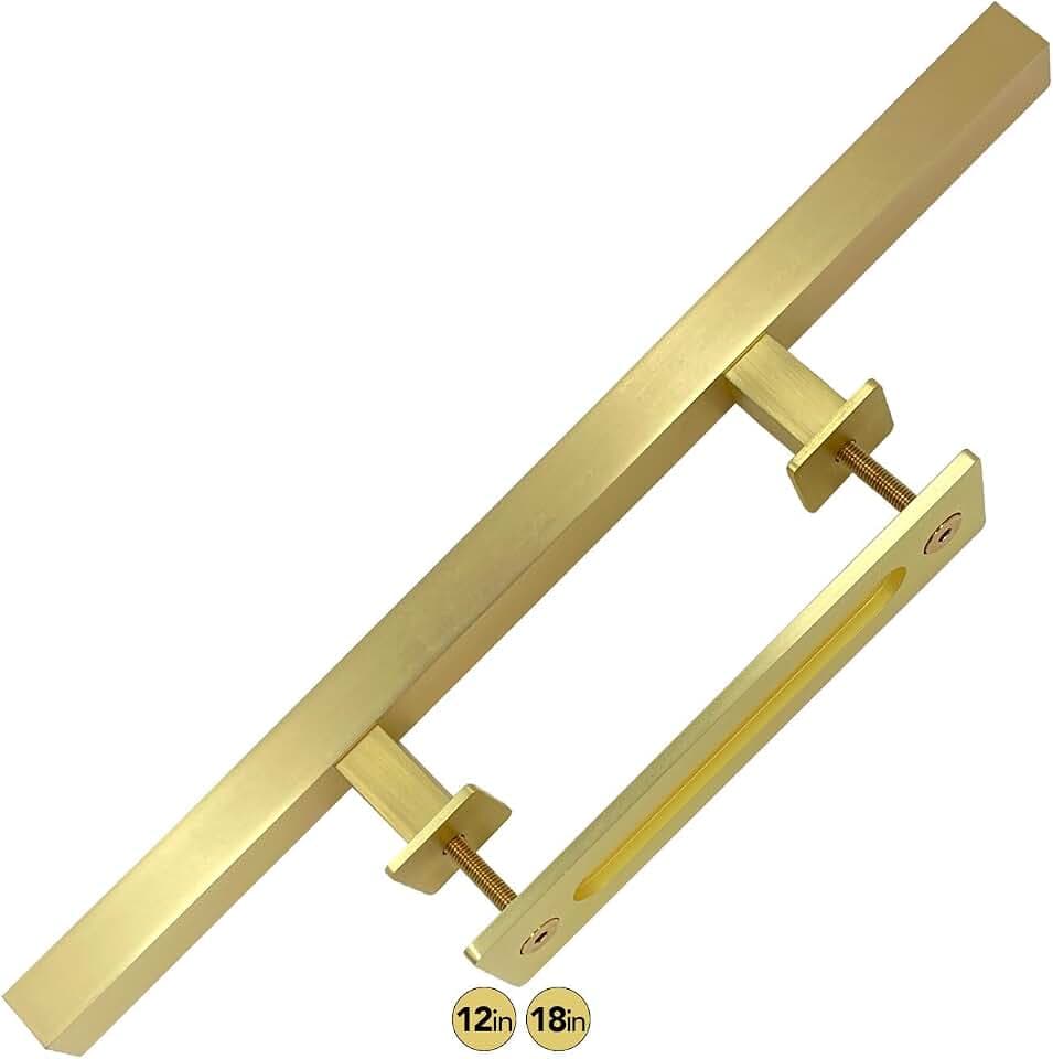 Rio Salto 18-Inch Brushed Brass Gold Barn Door Handle Kit, Closet Door Handle Stainless Steel, Pull Handle and Flush Handle Set, Heavy Duty Large Sliding Door Handles Hardware Included (1-Door Pack)