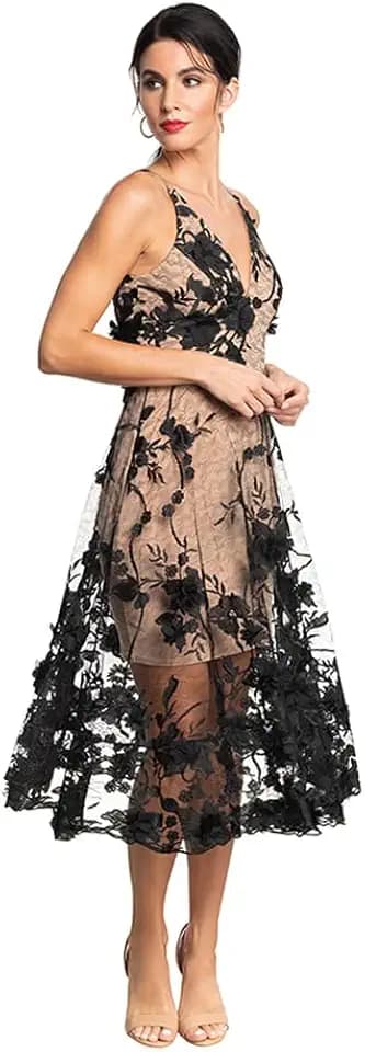Dress The Population Womens Audrey Spaghetti Strap Midi A-line 3D Floral Dress