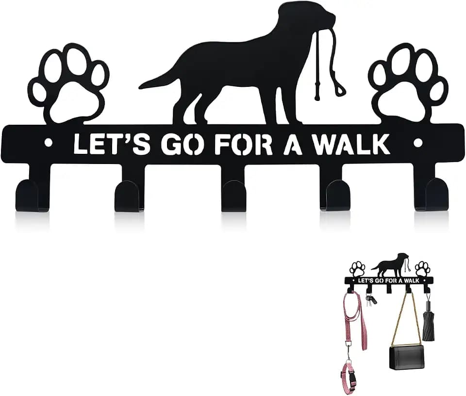 Dog Leash Holder for Wall, 5 Metal Hooks, Black Screw-Mounted Rack