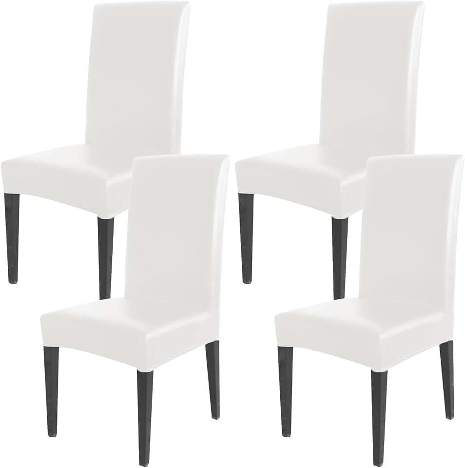 Qubjus Esstisch Stuhl Abdeckungen, solide Pu Leder wasserdicht ölfest Stretch Esstisch Stuhl Protector Cover Slipcover (Weiß, 4 Pack)