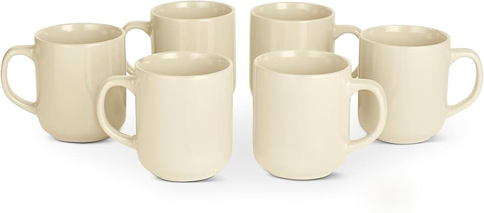 Amazon Basics Glasierte Steingut-Kaffeebecher, 6-Teiliges Set, 473,2ml, Mikrowellen- und Spülmaschinenfest, Elfenbeinfarben