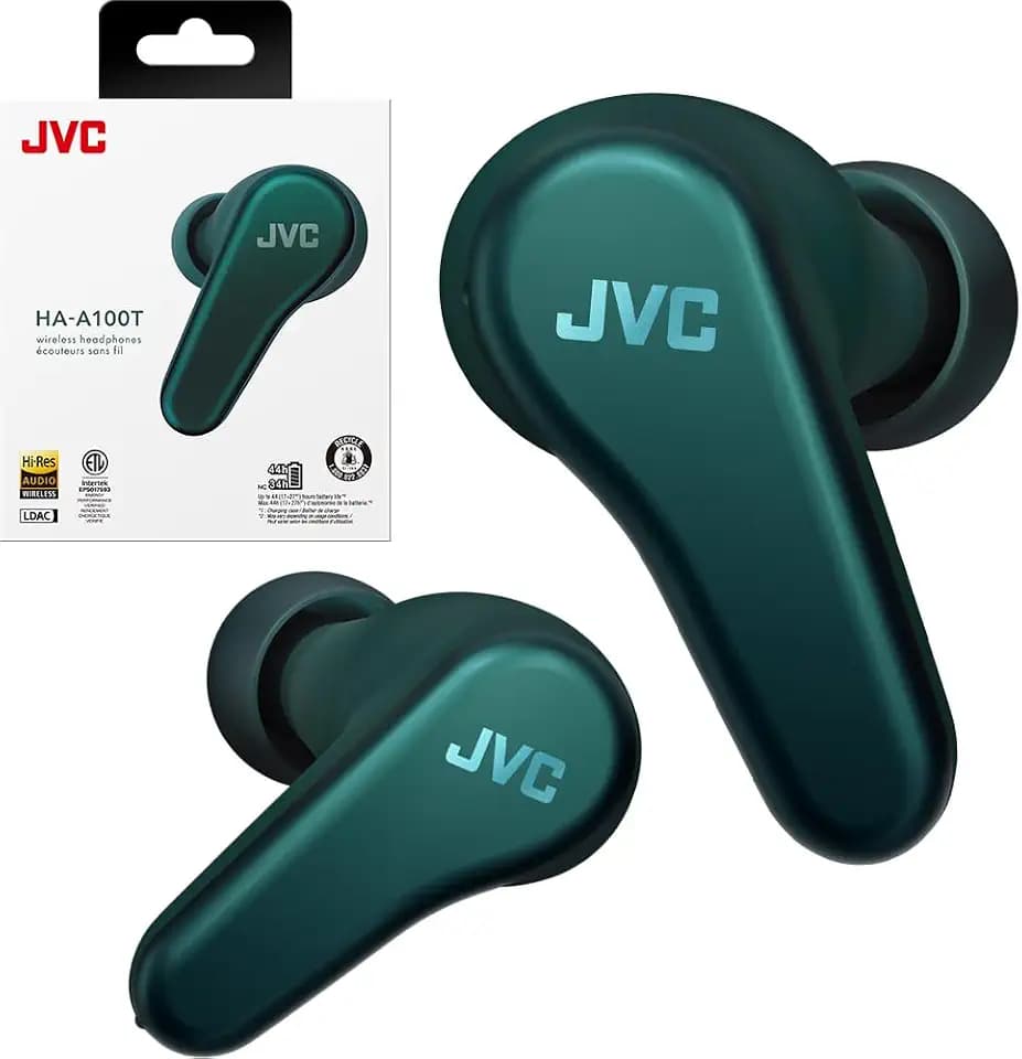 JVC True Wireless Earbuds, Hybrid Noise Cancelling, 10mm Driver, LDAC Audio, Spiral Dot Pro Earpieces, 44 Hours Battery Life, Wireless Charging, and Multipoint Connection - HAA100TG (Teal Green)