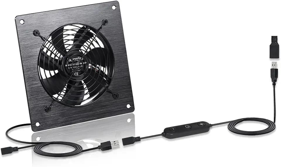 USB 120MM Cabinet Fan 5V Quiet Cooling Fan DC 12V IPX5 Waterproof Fan System 6" with 10 Speed Control, for Home Theater AV Cabinet,Server Cabinet,Dog kennels,Greenhouse Cooling