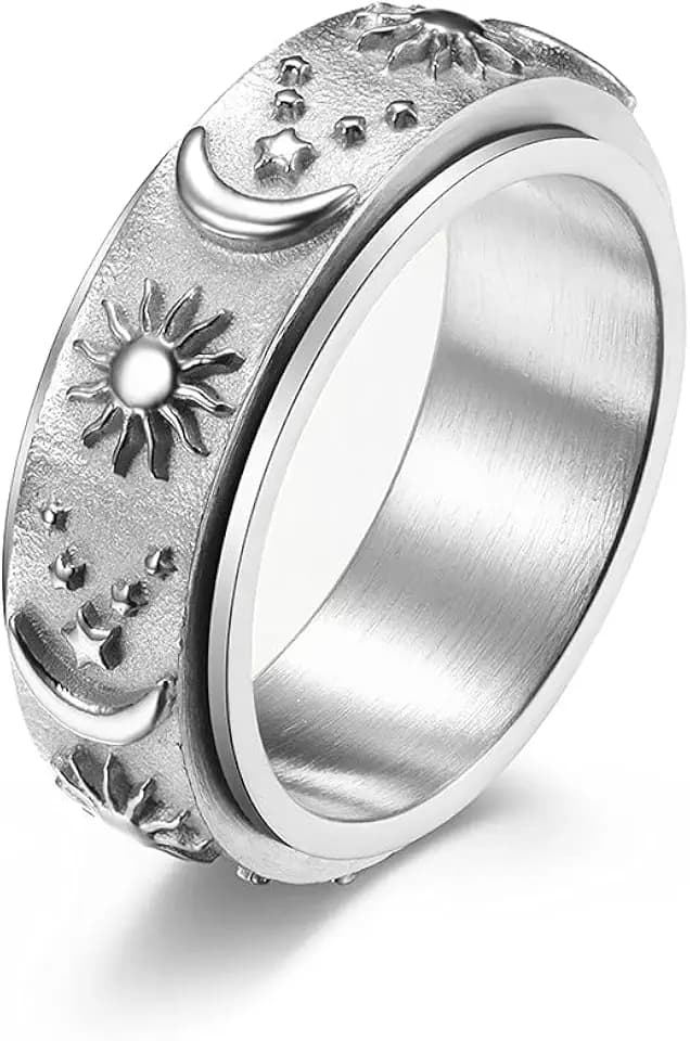 Fidget Ring for Anxiety Stainless Steel Sun Moon Star Spinner Ring for Men/Women Size 6-10