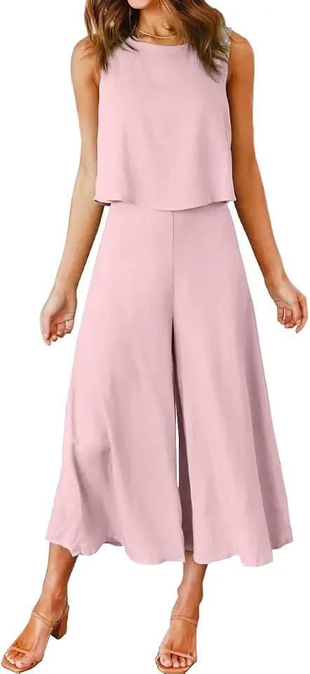 ROYLAMP Women's 2 Piece Outfits Basic Top Cropped Wide Leg Pants Set