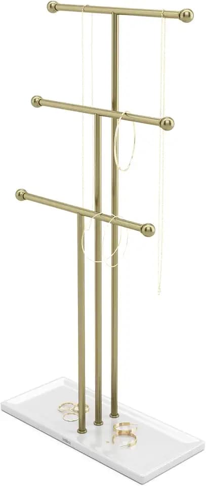 Umbra Trigem Jewelry Stand, Tiered Necklace Holder, Steel, White/Gold