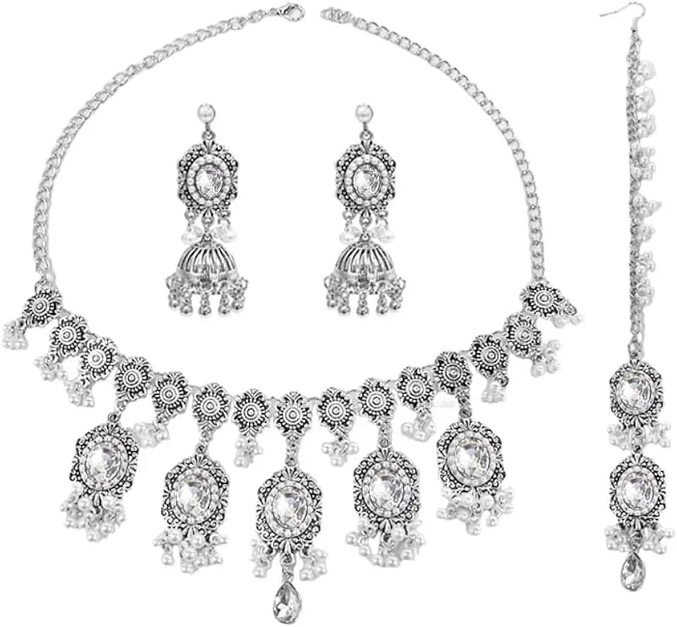 OIDIMS Boho Indian Crystal Wedding Jewelry Set for Women Charm Pearl Flower Choker Necklace Maang Tikka Jhumki Dangle Drop Earrings Bollywood Diwali Jhumka Festival Ethnic Party Wear Hair Accessories