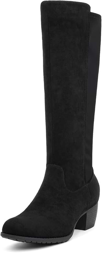 VJH confort Women's Knee High Boots, Round Toe Low Heel Stretchy Comfy Wide Calf Tall Riding Boot