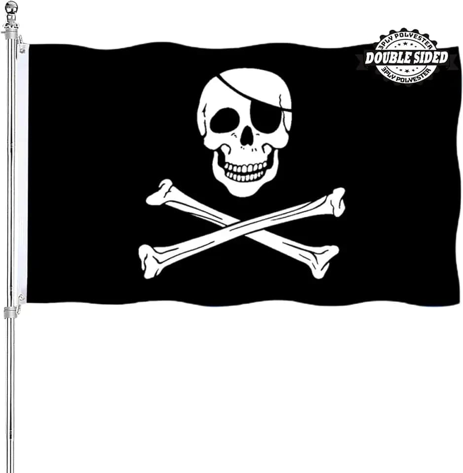 Pirate Jolly Roger Flag Patch 3x5 Double Sided Outdoor Heavy Duty 3 Ply Thick Polyester Material with 2 Metal Grommets, 4 Rows of Stitching