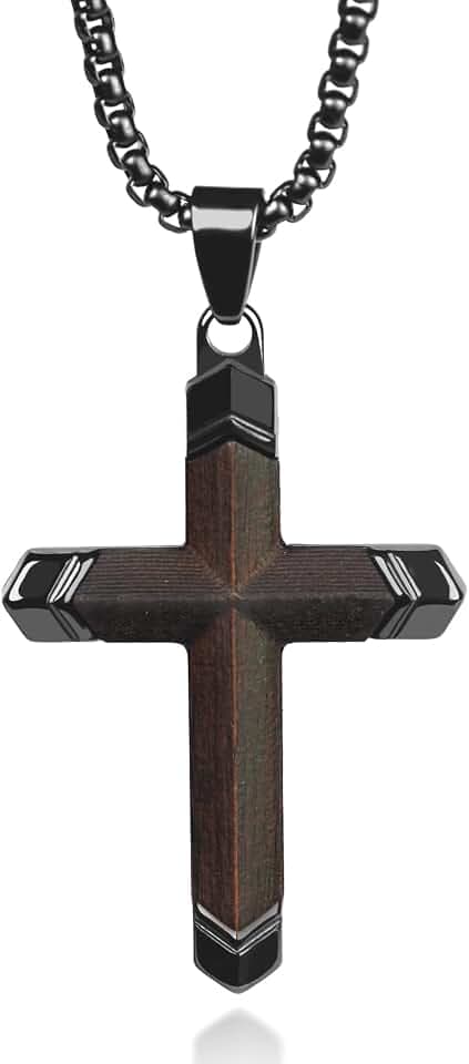 Wooden Cross Necklace for Men, Black Stainless Crucifix Chain