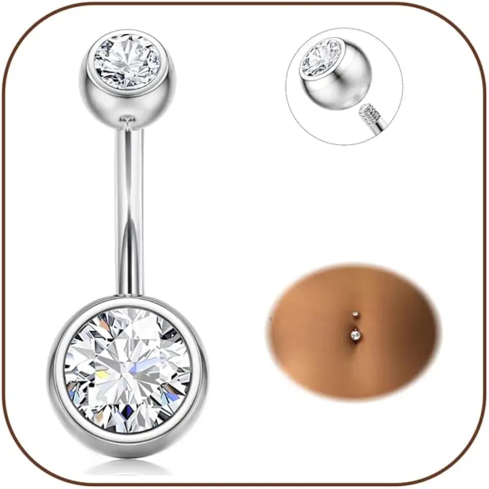Diamday Bauchnabelpiercing G23 Titanium Piercing Bauchnabel Ring CZ Bauchnabelpiercing Silber 14G Bauchpiercing Barbell Lang Nabel Bars Nabelring Piercing Schmuck für Damen 8/10/12/14/16mm Stablänge