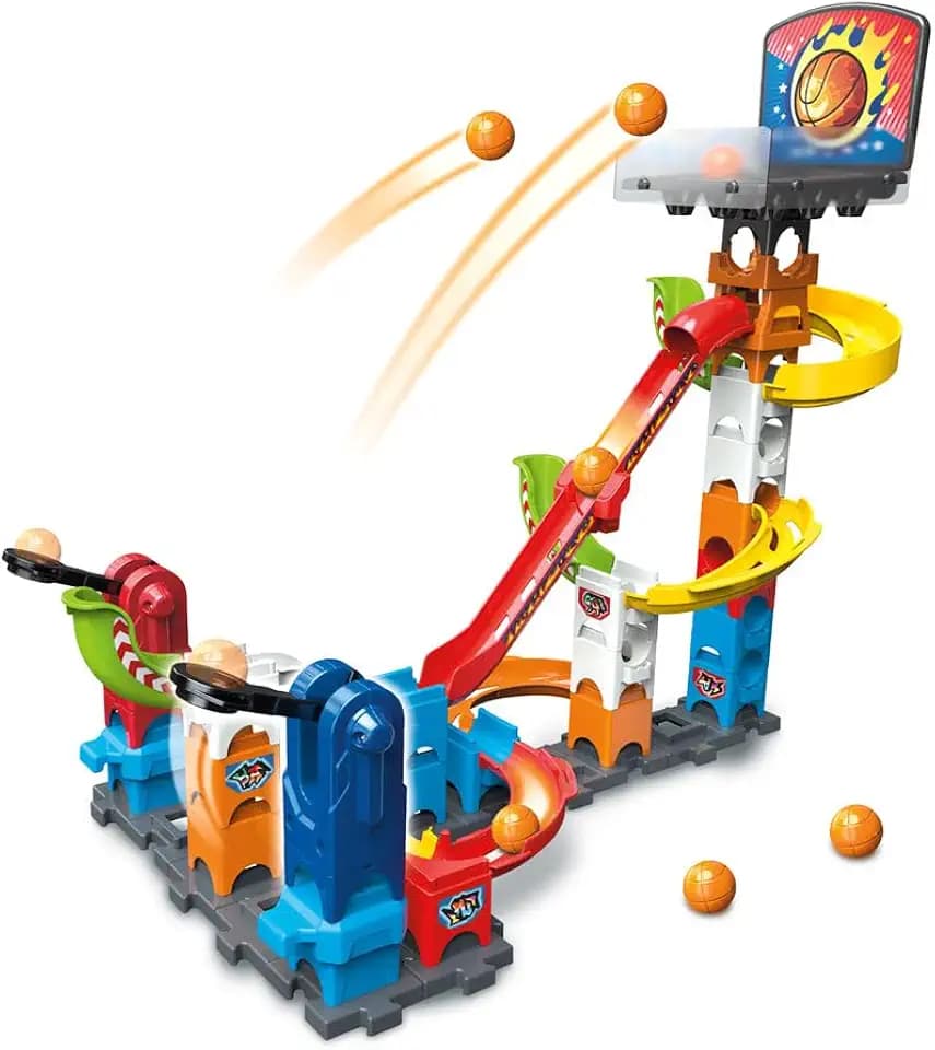 VTech - Marble Rush, Kugelbahn Basketball Set S500, BAU- und Katapultspiel mit Basketballkorb, 41-teilig, 6 Kugeln, Geschenk für Kinder ab 4 Jahren – Inhalt auf Französisch