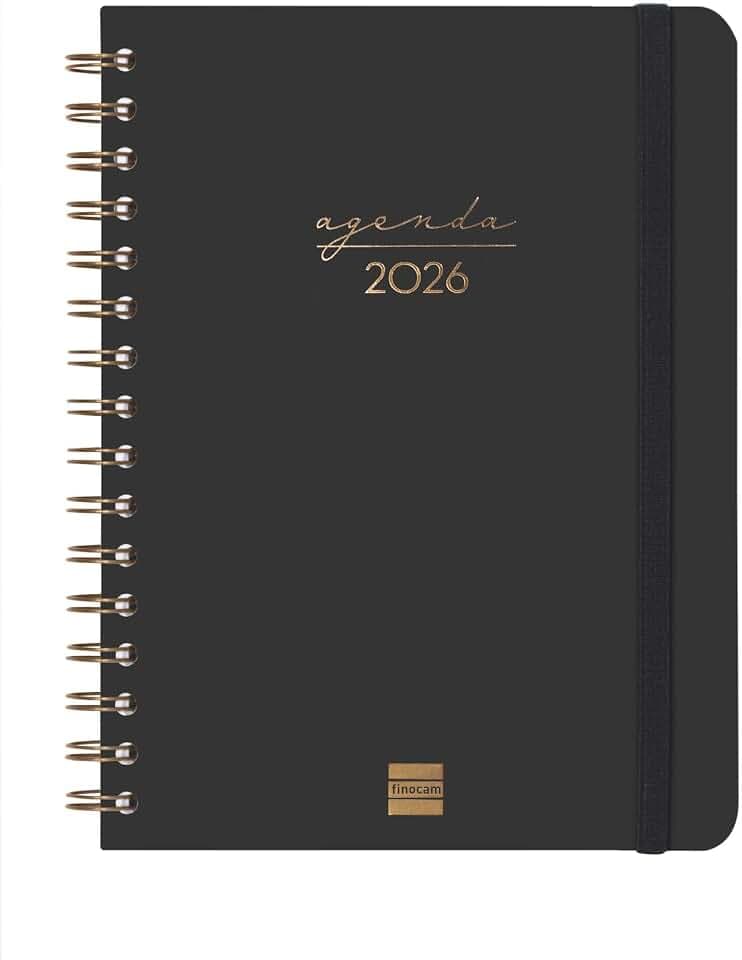 Finocam - Spiralkalender 2026, Wochenansicht, Queransicht, Januar - Dezember (12 Monate), Jahresplaner 2026, mit Gummizug, Doppelspiralbindung, Hardcover, Schwarz, Spanisch