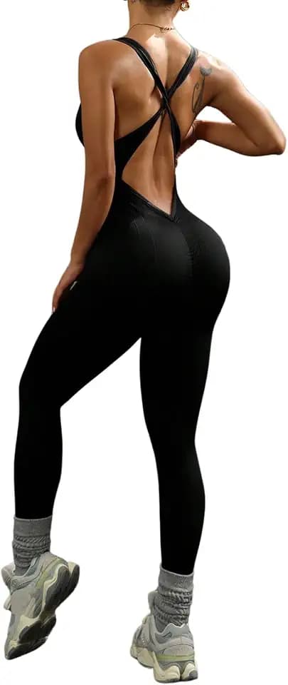 WDIRARA Women's Workout Jumpsuit V Neck Sleeveless Criss Cross Backless Yoga Jumpsuit Pants Romper
