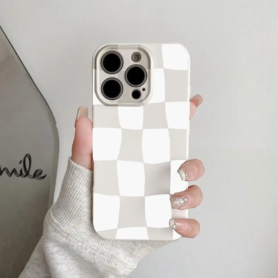 for iPhone 13 Pro Case Cute Aesthetic Trendy Slim Checkerboard Larger Blocks Pattern for Women Girl Fit TPU Silicone Shockproof Full Camera Protection Cover - White