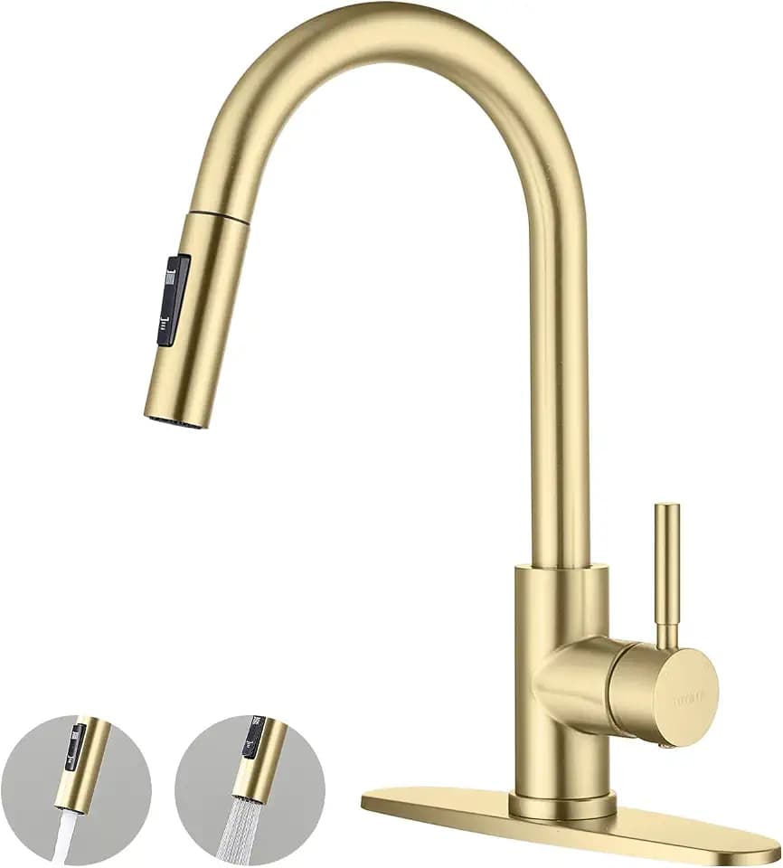 Gold Kitchen Faucets with Pull Down Sprayer, Single Handle High Arc Modern Stainless Steel Sink Faucet with Deck Plate, 1 or 3 Hole Deck Mount for RV, Bar, Farmhouse, Laundry, Outdoor