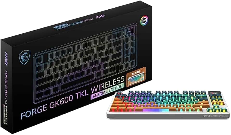msi Forge GK600 TKL W Mars US - Mechanical Linear SWITCHES - Dye-Sublimated PBT Keycaps, Anti-Slip Base, RGB LED, USB 2.0, Bluetooth, 2.4 GHz - Tenkeyless