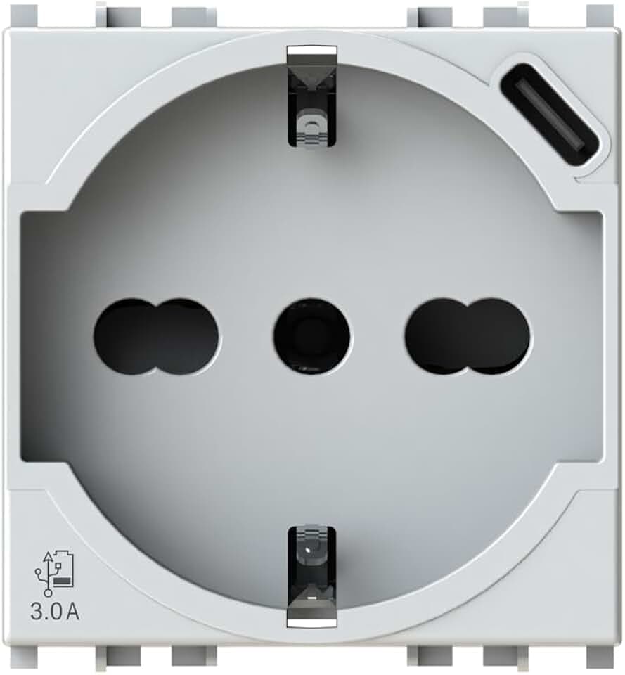 4box - P40-Buchse und Vimar® Plana™ kompatibles USB-Netzteil mit 3 A und 15 W USB-Netzteil. 1 Typ-C-Anschluss, integriert in nur 2 Modulen für gleichzeitige Nutzung und Ladegeschwindigkeit