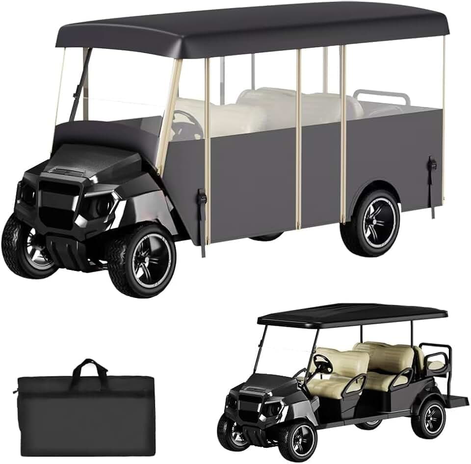 Golf Cart Cover Enclosure 4&6 Passenger, Golf Cart Cover for Yamaha Club Car EZGO, Waterproof 600D Oxford Rain Cover, Transparent Tail Light Panel, Foldable Door,4-Sided Clear Windows