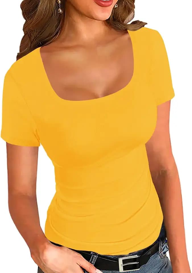 Afibi Women Ribbed Short Sleeve Square Neck Slim Fit Summer Basic T Shirts Tops